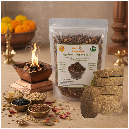 Gavo Harshiddhi Vedic Havan Essential Combo – Pure Round Cow Dung Cakes (32 Pieces) & Natural Havan Samagri (400g)