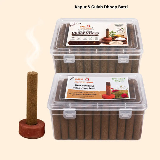 Gavo Harshiddhi Blissful Serenity Combo Pack – Organic Cow Dung Gulab &amp; Bhimseni Camphor Dhoop Batti (Pack of 2 - 120 Sticks)
