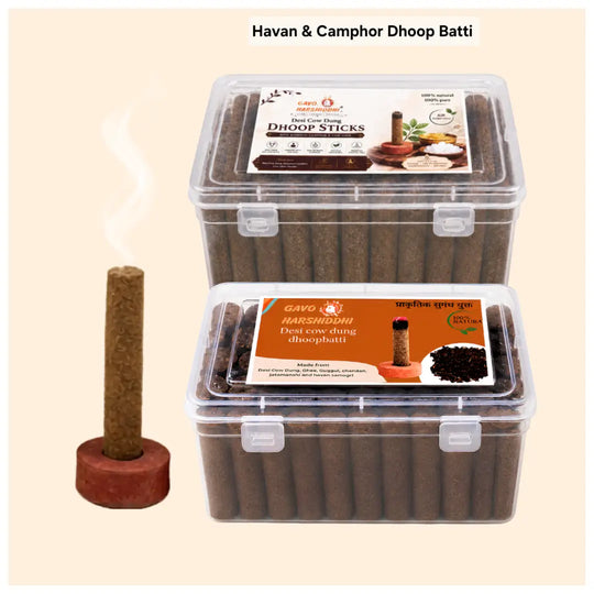 Gavo Harshiddhi Sacred Home Purification Combo Pack – Organic Cow Dung Havan & Bhimseni Camphor Dhoop Batti (Pack of 2 - 120 Sticks)