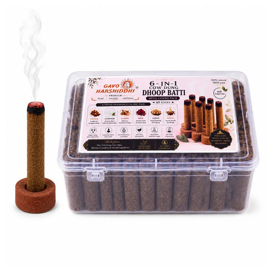 Gavo Harshiddhi Premium 6-in-1 Cow Dung Dhoop Batti Sample Combo Pack – Guggul, Camphor, Sandal, Rose, Loban &amp; Havan (60 Sticks)