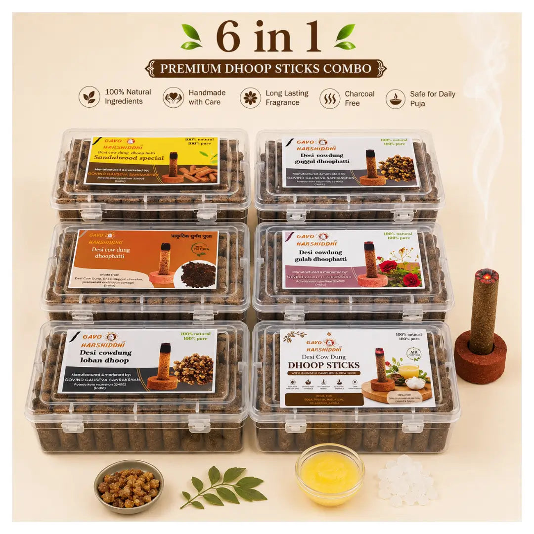 Gavo Harshiddhi Premium 6-in-1 Cow Dung Dhoop Batti Mega Combo Pack – Guggul, Camphor, Sandal, Rose, Loban & Havan (360 Sticks)
