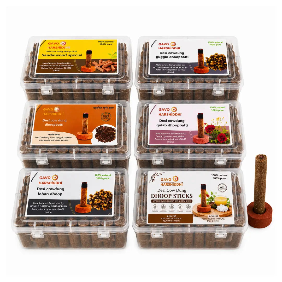 Gavo Harshiddhi Premium 6-in-1 Cow Dung Dhoop Batti Mega Combo Pack – Guggul, Camphor, Sandal, Rose, Loban & Havan (360 Sticks)