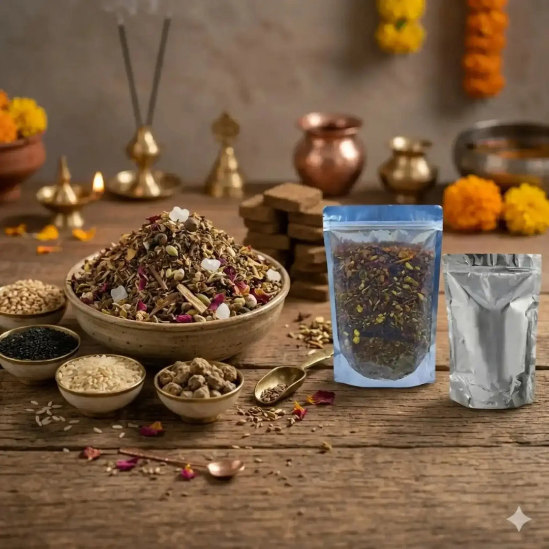 Gavo Harshiddhi Vedic Havan Essential Combo – Pure Round Cow Dung Cakes (32 Pieces) & Natural Havan Samagri (400g)