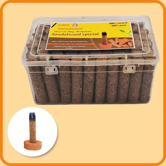 Gavo Harshiddhi Organic Cow Dung Chandan Dhoop Batti – Pure Sandalwood Aroma (2.5 Inch, 60 Pieces)