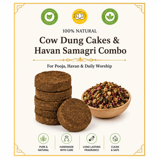 Gavo Harshiddhi Vedic Havan Essential Combo – Pure Round Cow Dung Cakes (32 Pieces) & Natural Havan Samagri (400g)